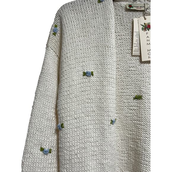 Fanm Mon Hand Knit Blue Rose Cardigan Cotton Sweater | Womens M L NEW - Picture 8 of 15